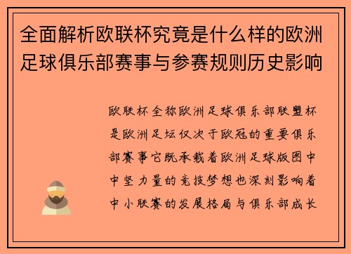 全面解析欧联杯究竟是什么样的欧洲足球俱乐部赛事与参赛规则历史影响